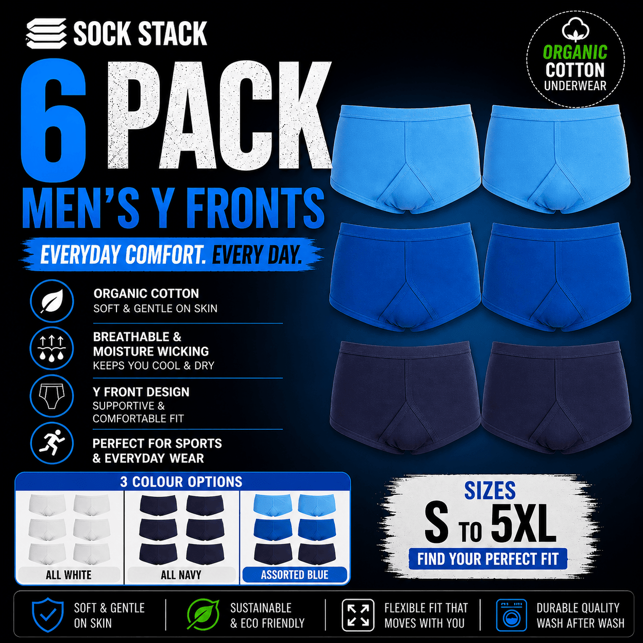 Sock Stack Pack Of 6 Mens Organic Cotton Y Front Underpants Breathable Moisture Wicking - REGN