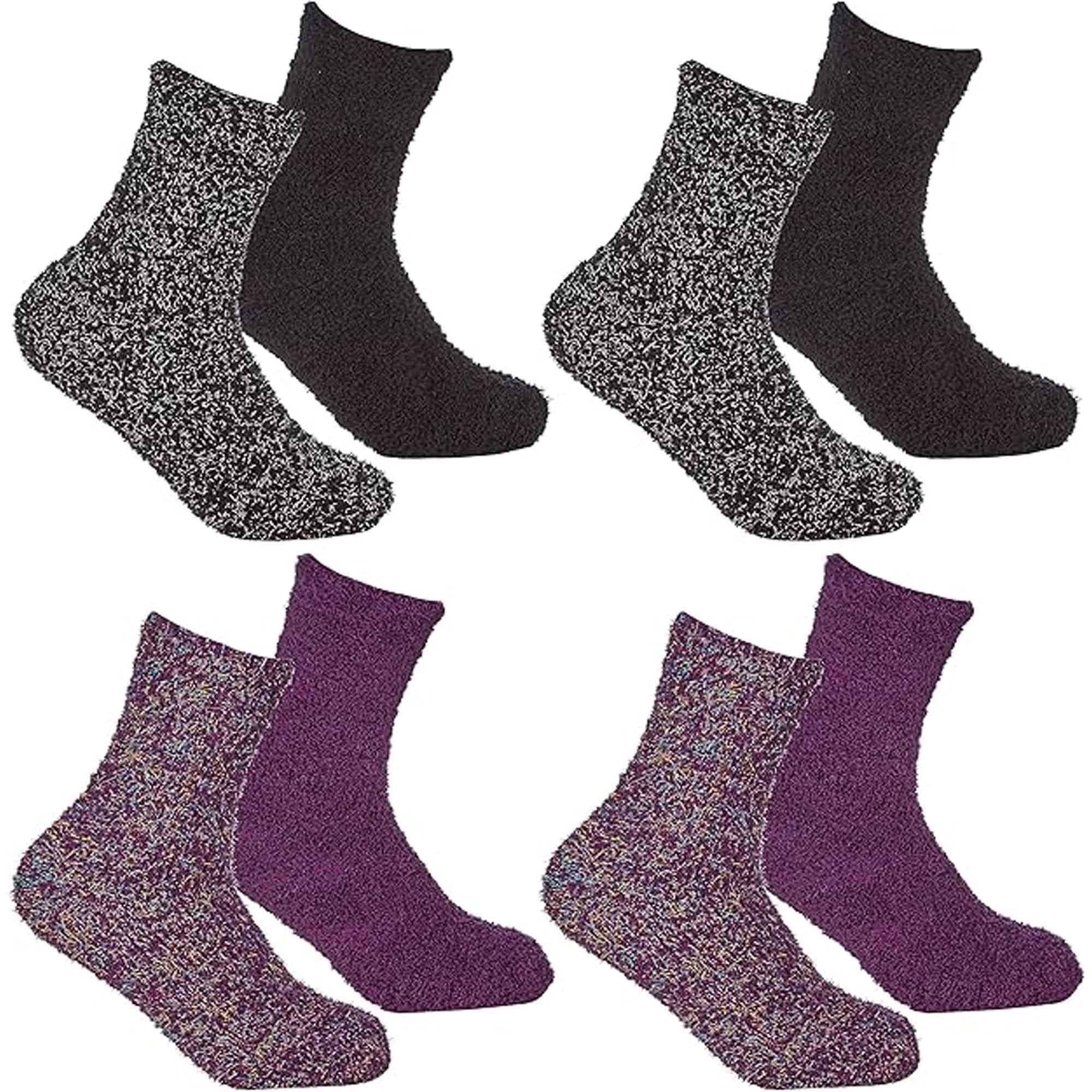 Sock Stack Womens Slipper Socks Fluffy Warm Fuzzy cosy 4 Pack Purple Black UK Size 4-8 - REGN