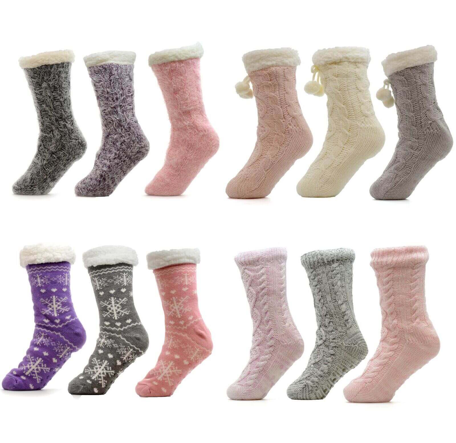 Sock Stack Women's Slipper Socks Pack Of 3 Chunky Knit Fur-Lined Non-Slip Grips UK - REGN