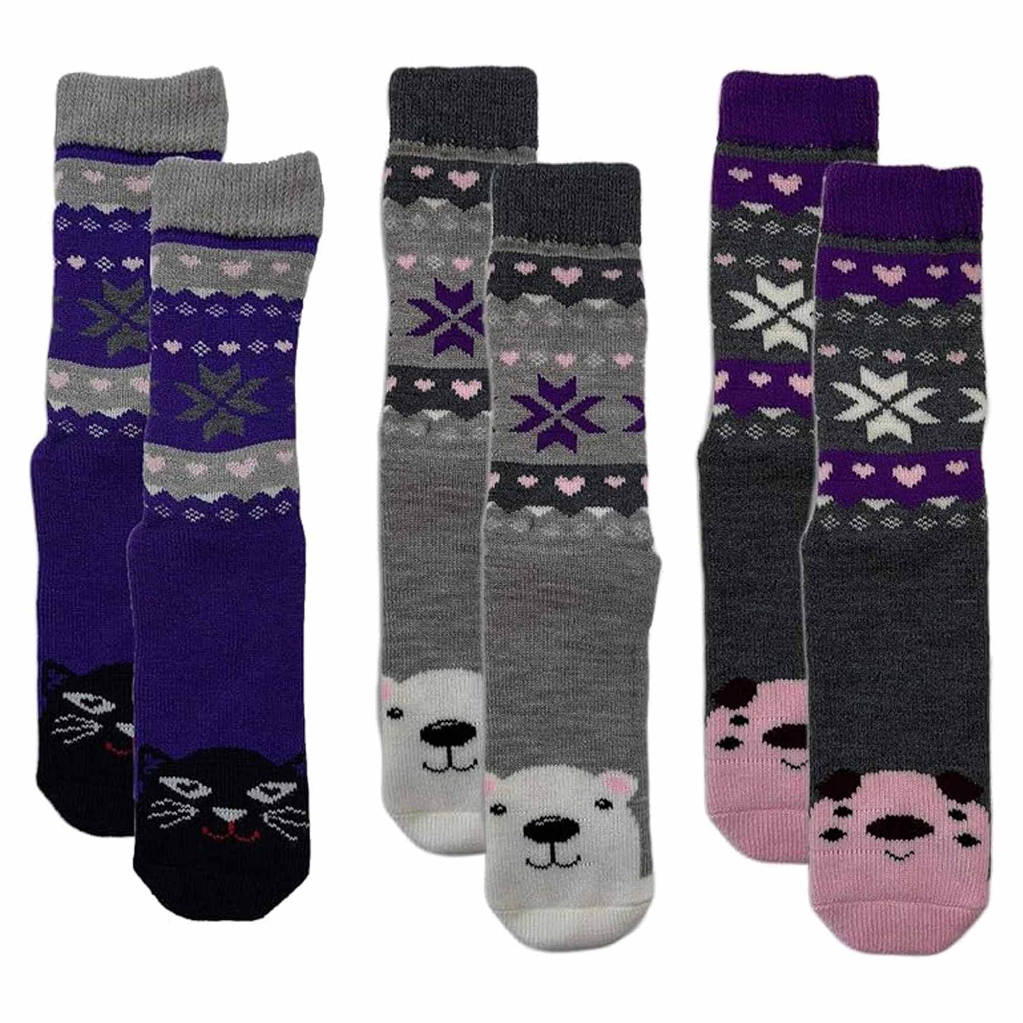 Sock Stack Women's Thermal Slipper Socks 3 Pairs Animal Designs Polar Bears And Kittens - REGN