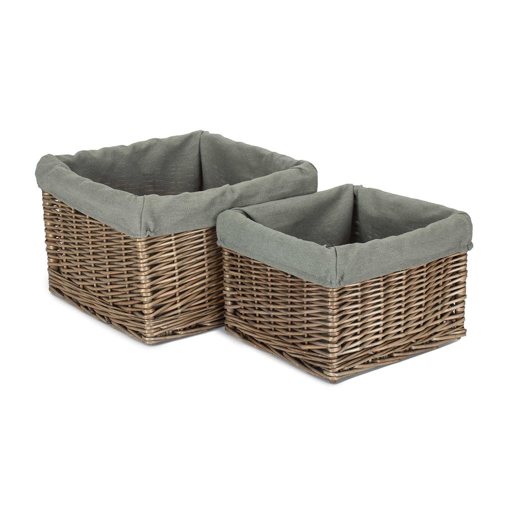 Square Antique Wash Willow Storage Basket with Grey Sage Lining Set 2 - REGN