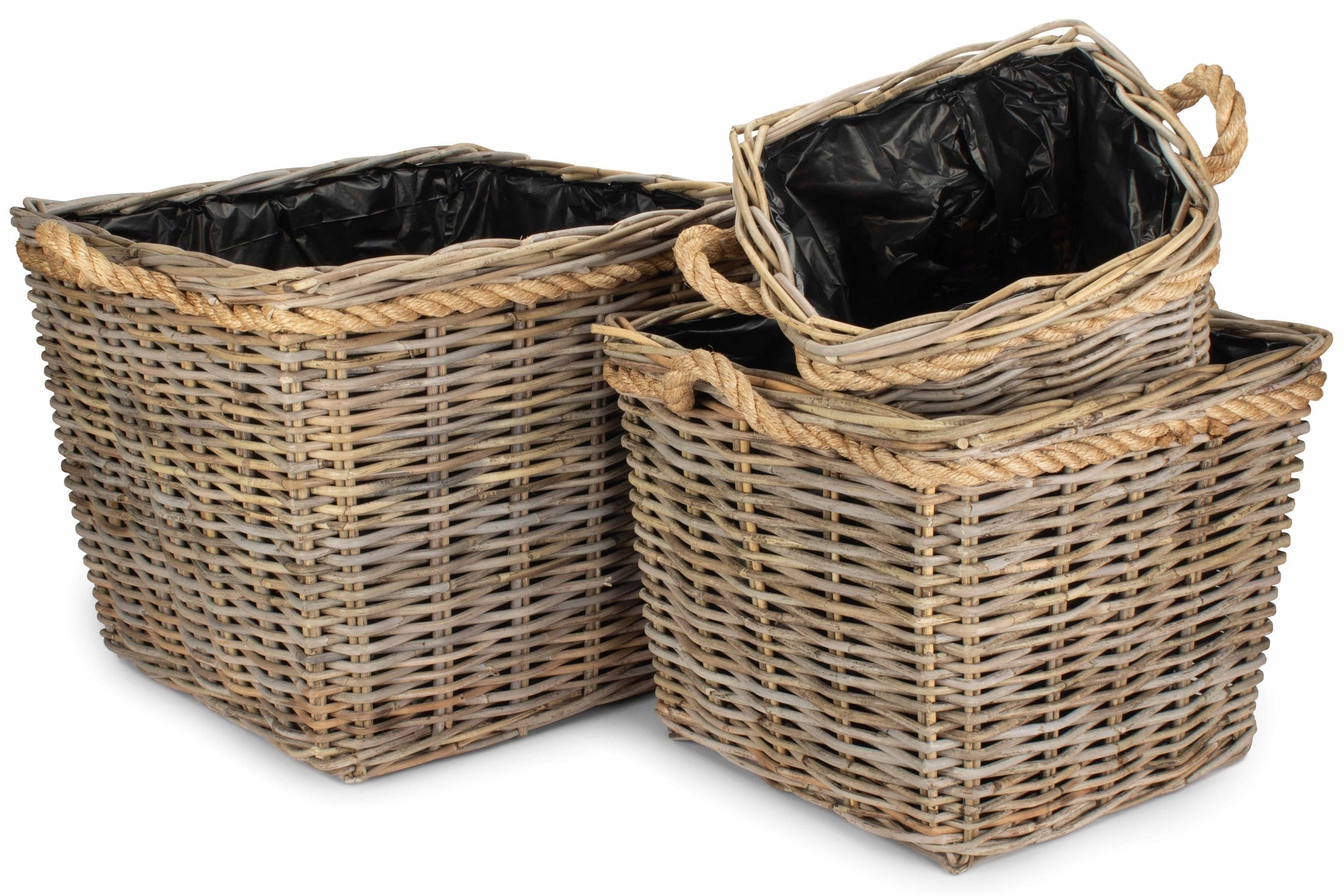 Square Tapered Rope Handled Rattan Planter With Plastic Lining - REGN