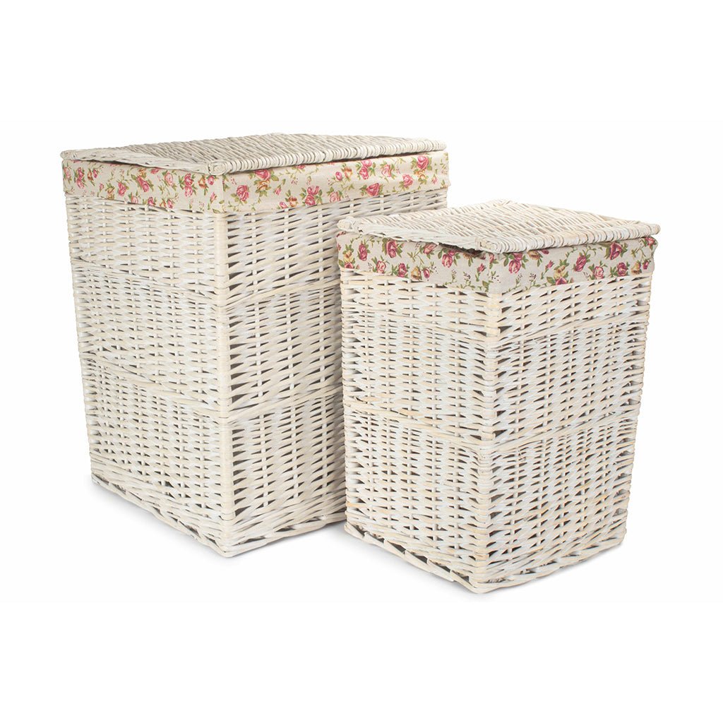 Square White Wash Laundry Hamper with Garden Rose Lining Set 2 - REGN