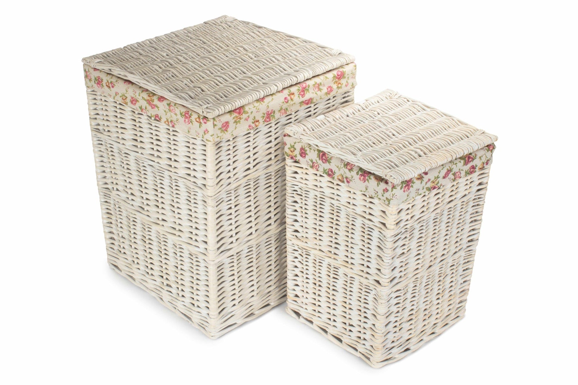 Square White Wash Laundry Hamper with Garden Rose Lining Set 2 - REGN