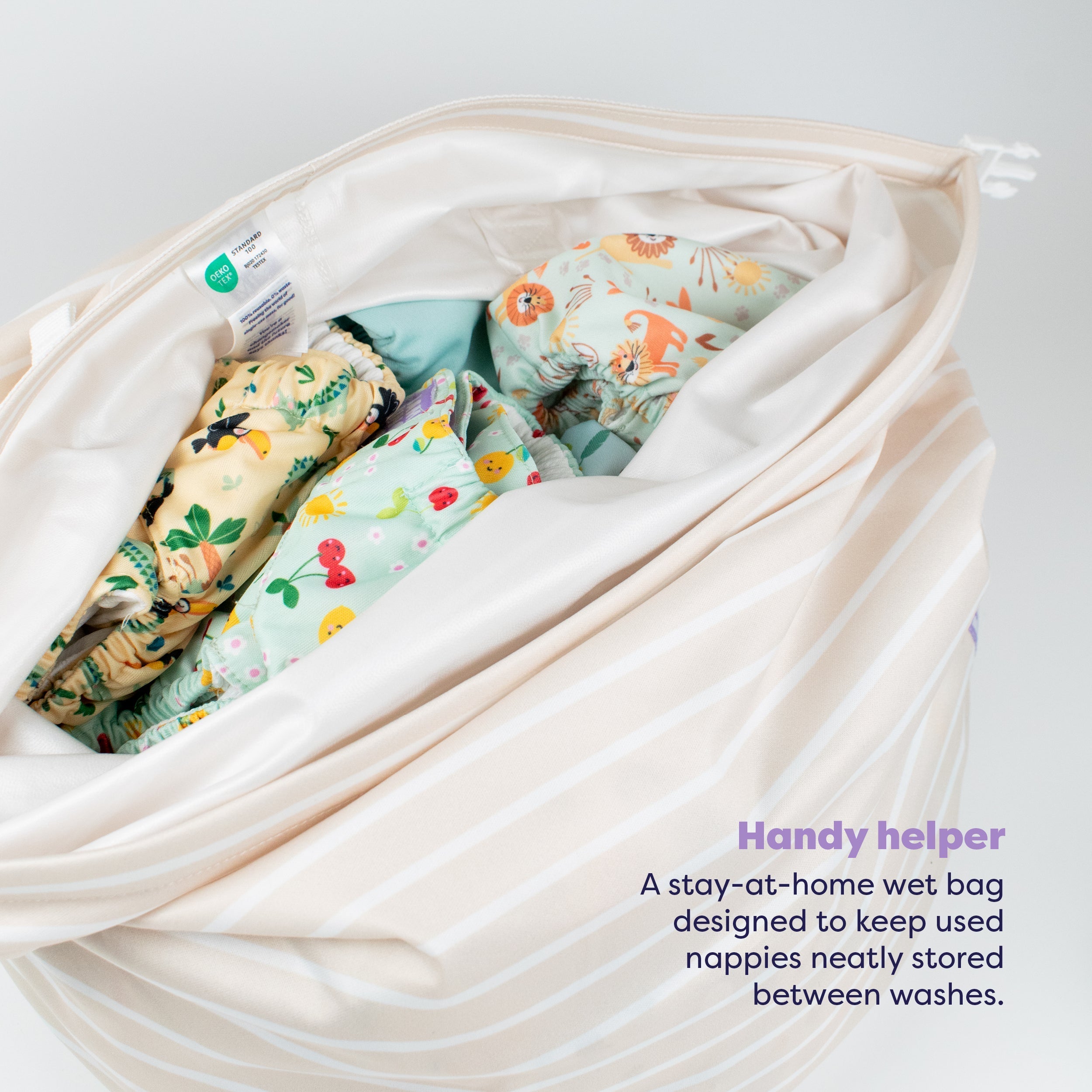 Stay-At-Home Waterproof Wet Nappy Bag in Neutral Stripe - REGN