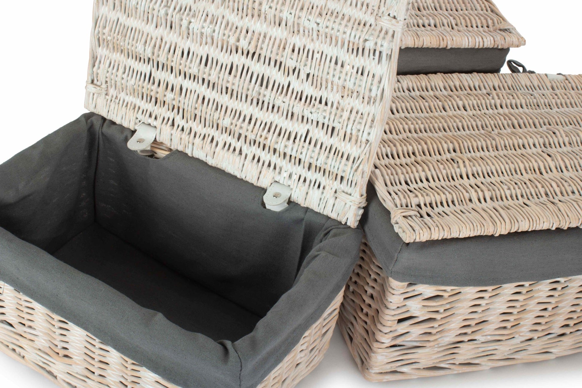 White Wash Finish Willow Storage Hamper with Grey Sage Lining Set 3 - REGN