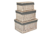 White Wash Finish Willow Storage Hamper with Grey Sage Lining Set 3 - REGN