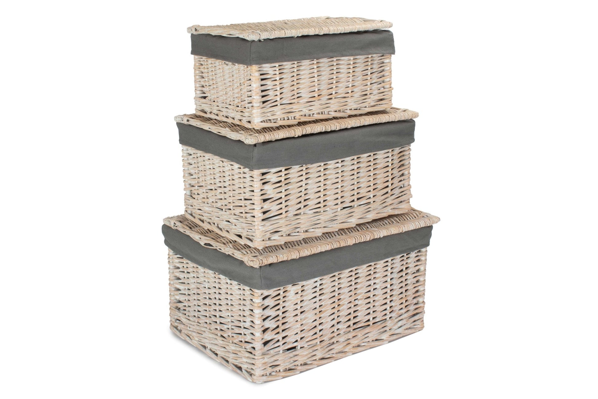 White Wash Finish Willow Storage Hamper with Grey Sage Lining Set 3 - REGN