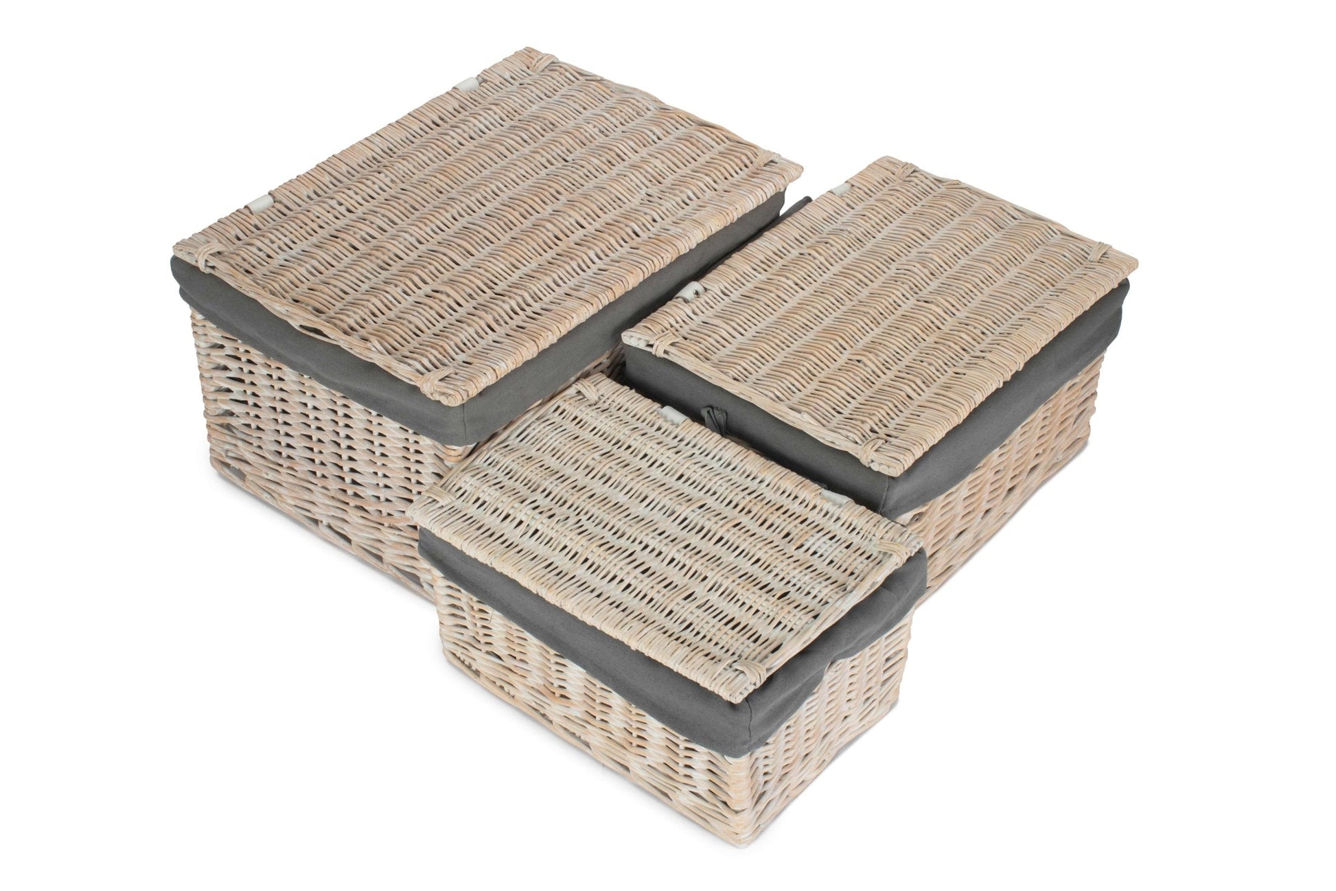 White Wash Finish Willow Storage Hamper with Grey Sage Lining Set 3 - REGN