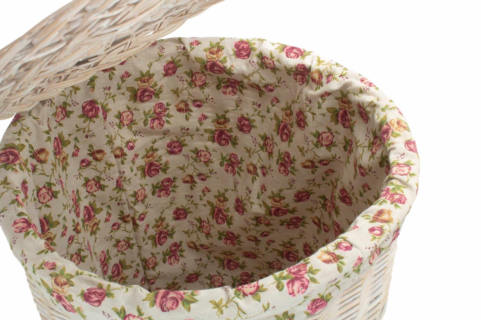 White Wash Willow Round Laundry Hamper With Garden Rose Lining - Large - REGN