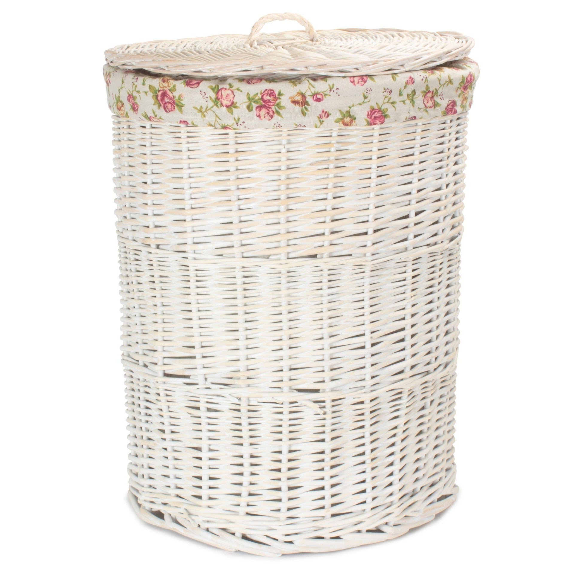 White Wash Willow Round Laundry Hamper With Garden Rose Lining - Large - REGN