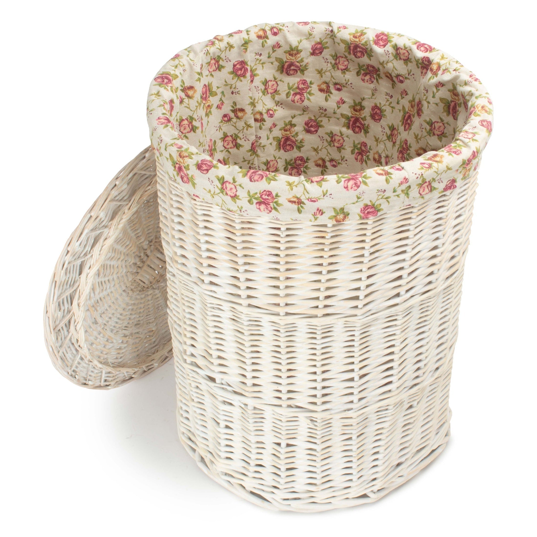 White Wash Willow Round Laundry Hamper With Garden Rose Lining - Large - REGN