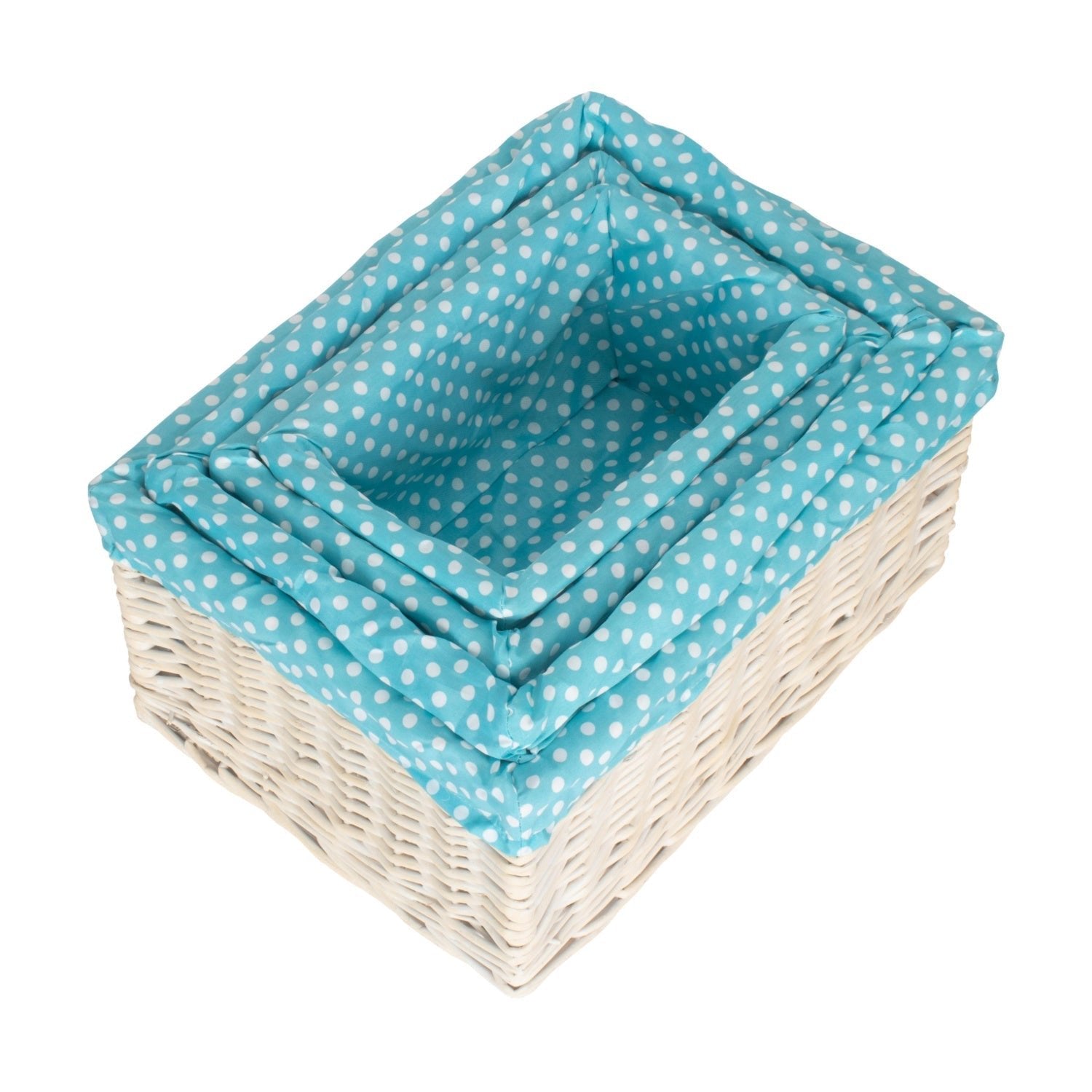 White Wash Willow Storage Basket with Blue Spotty Lining Set 4 - REGN