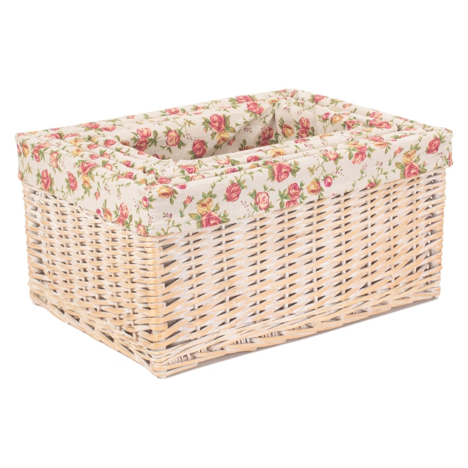 White Wash Willow Storage Basket with Garden Rose Lining Set 4 - REGN