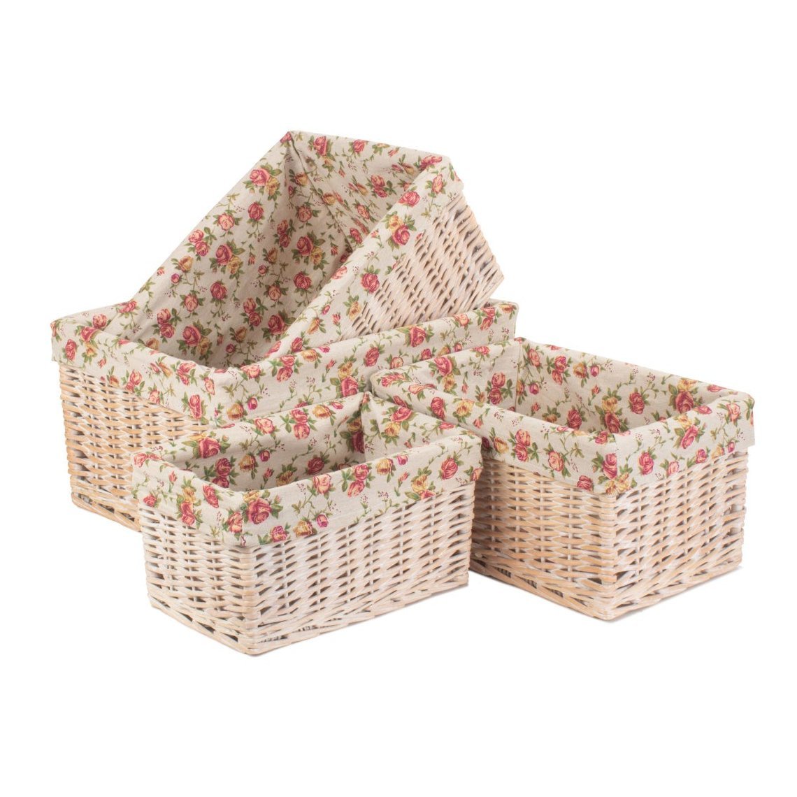 White Wash Willow Storage Basket with Garden Rose Lining Set 4 - REGN
