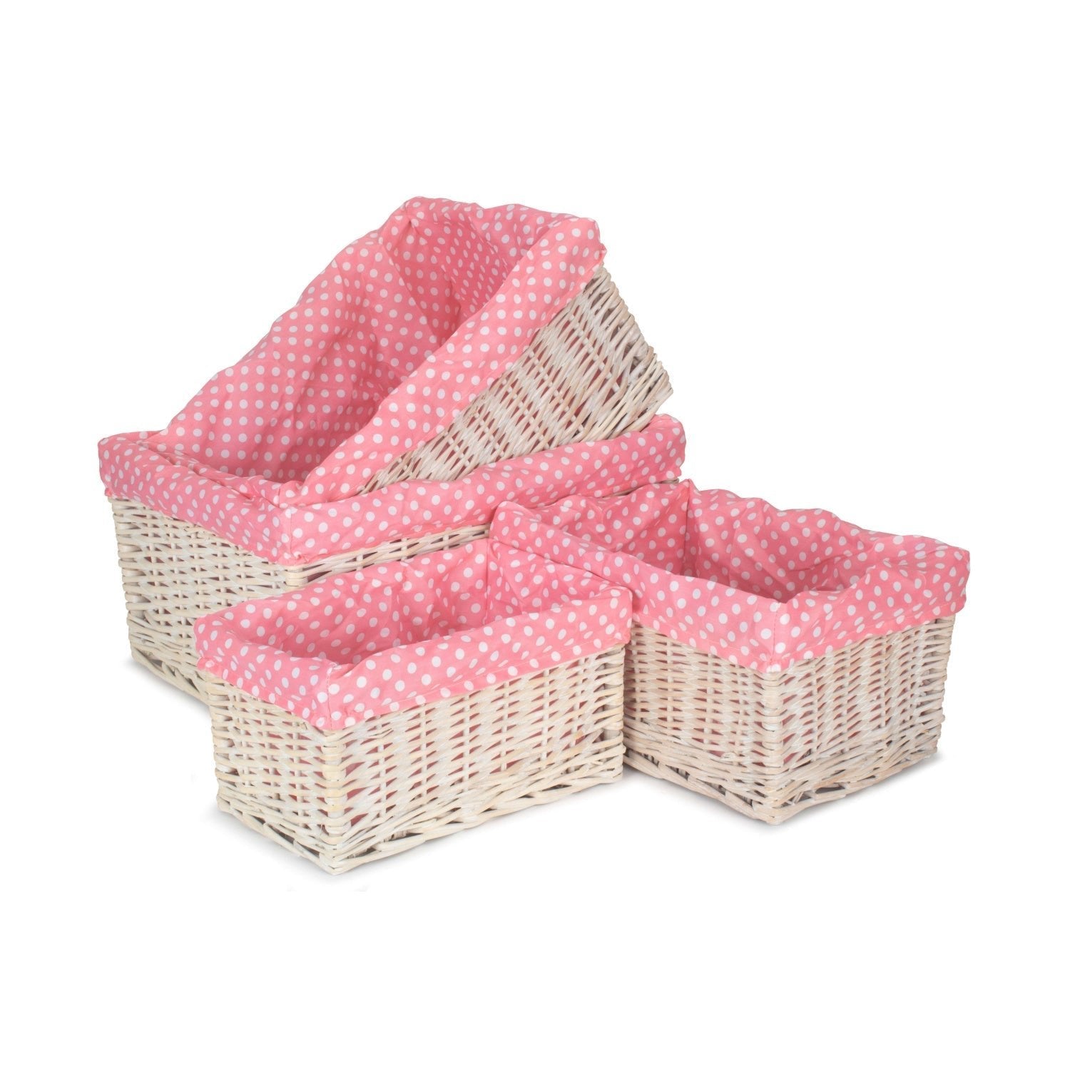 White Wash Willow Storage Basket with Pink Spotty Lining Set 4 - REGN