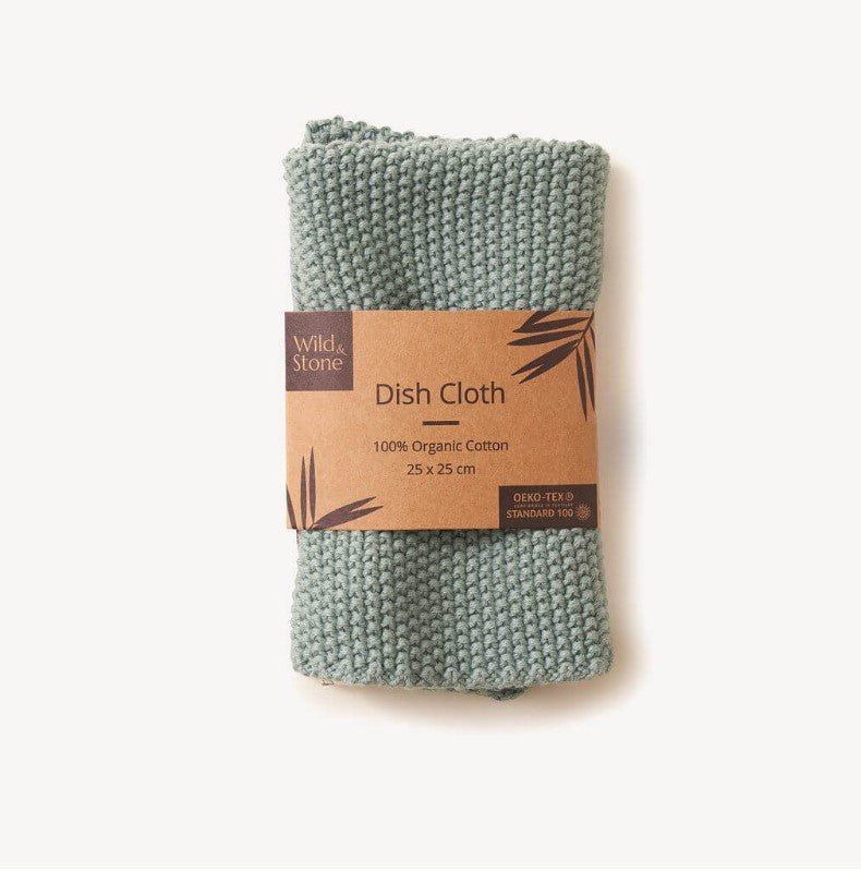 Wild Stone 100% Organic Cotton Dishcloth - Eco Hand Knitted Cloths, Moss Green - REGN