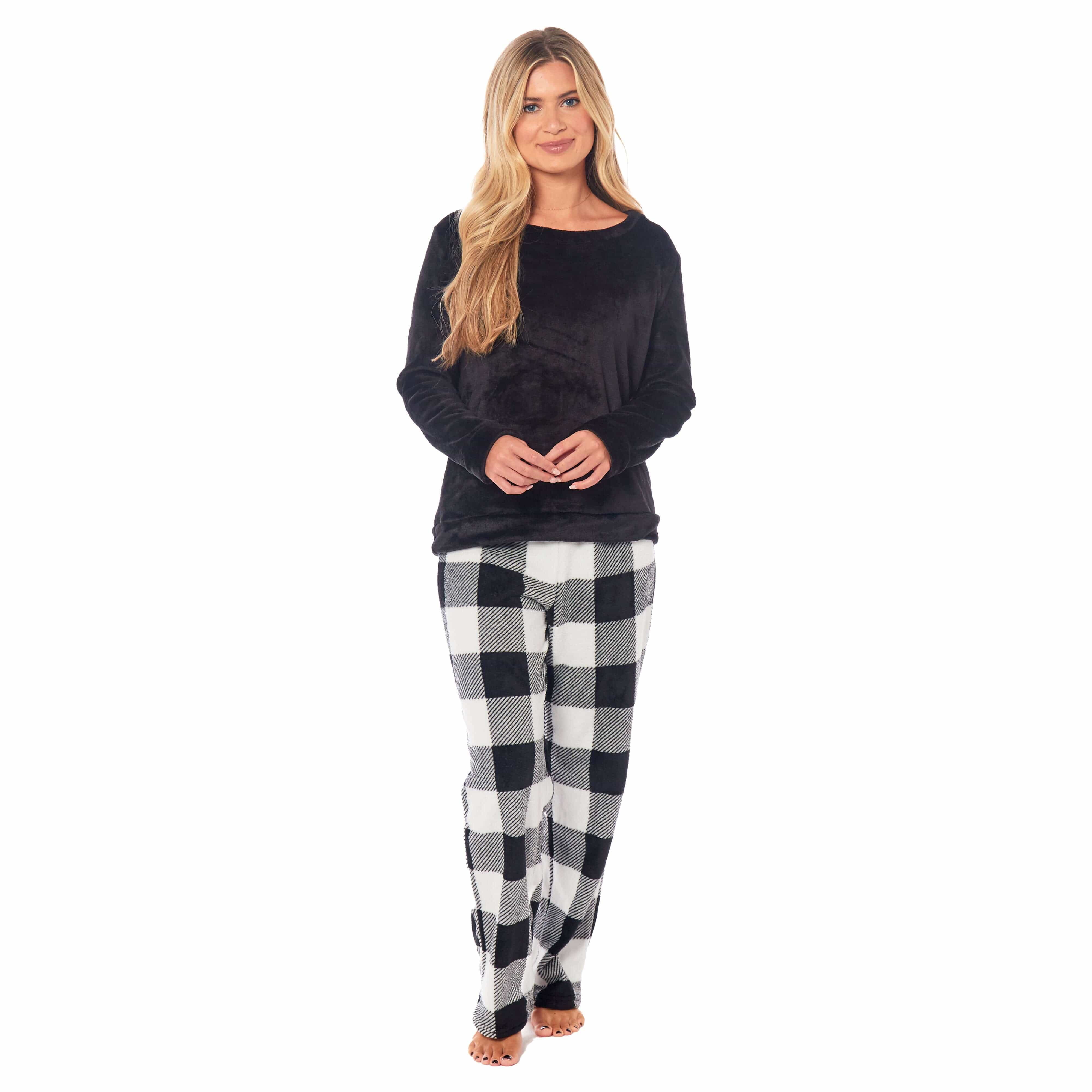 Daisy Dreamer Women's Buffalo Check Fleece Pyjama Set With Long Sleeve Top And Bottoms