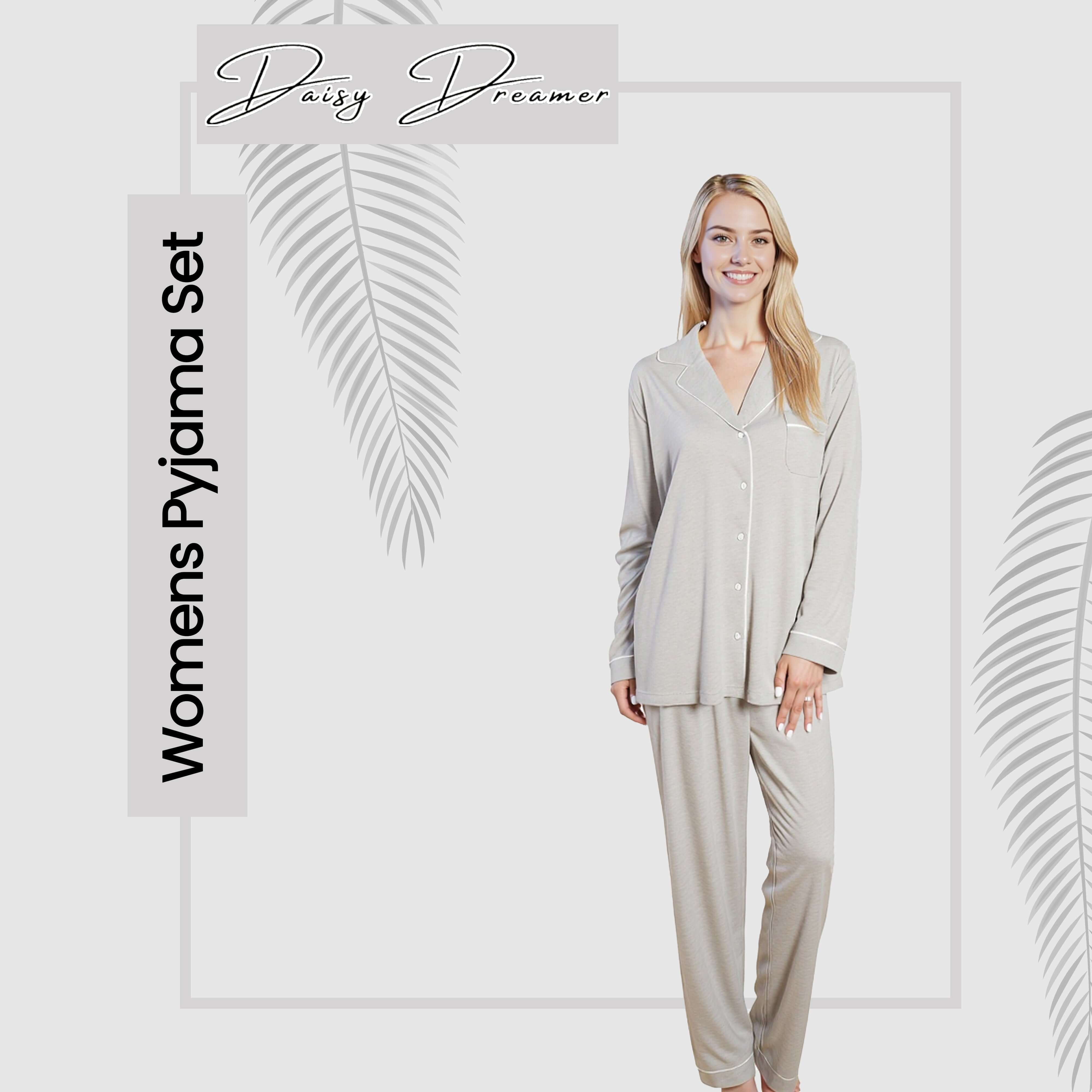 Daisy Dreamer Women's Grey Pyjama Set Soft Touch Long Sleeve Button Up Top and Bottoms