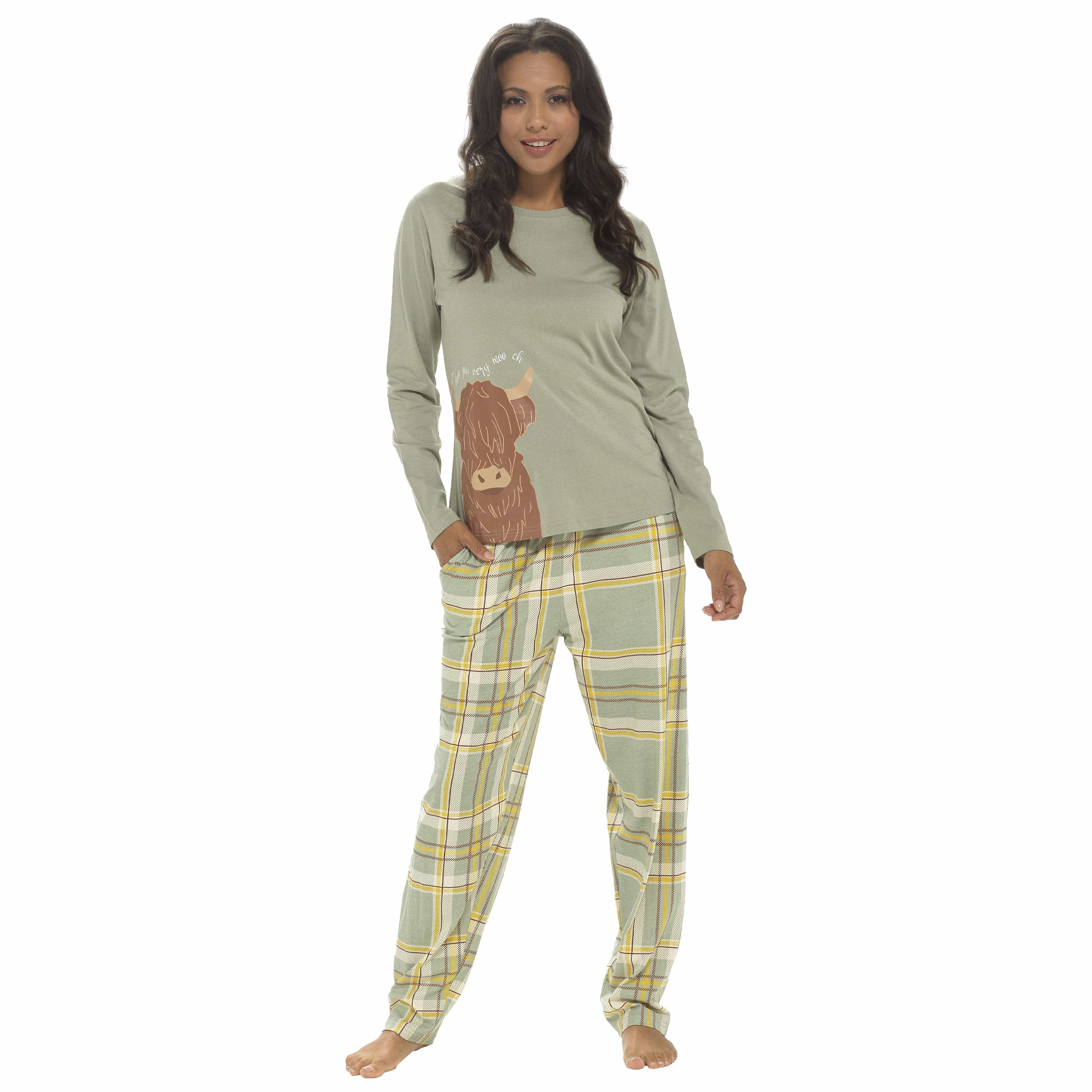 Daisy Dreamer Womens Highland Cow Print Cotton Jersey Pyjama Set Long Sleeve Lounge Wear