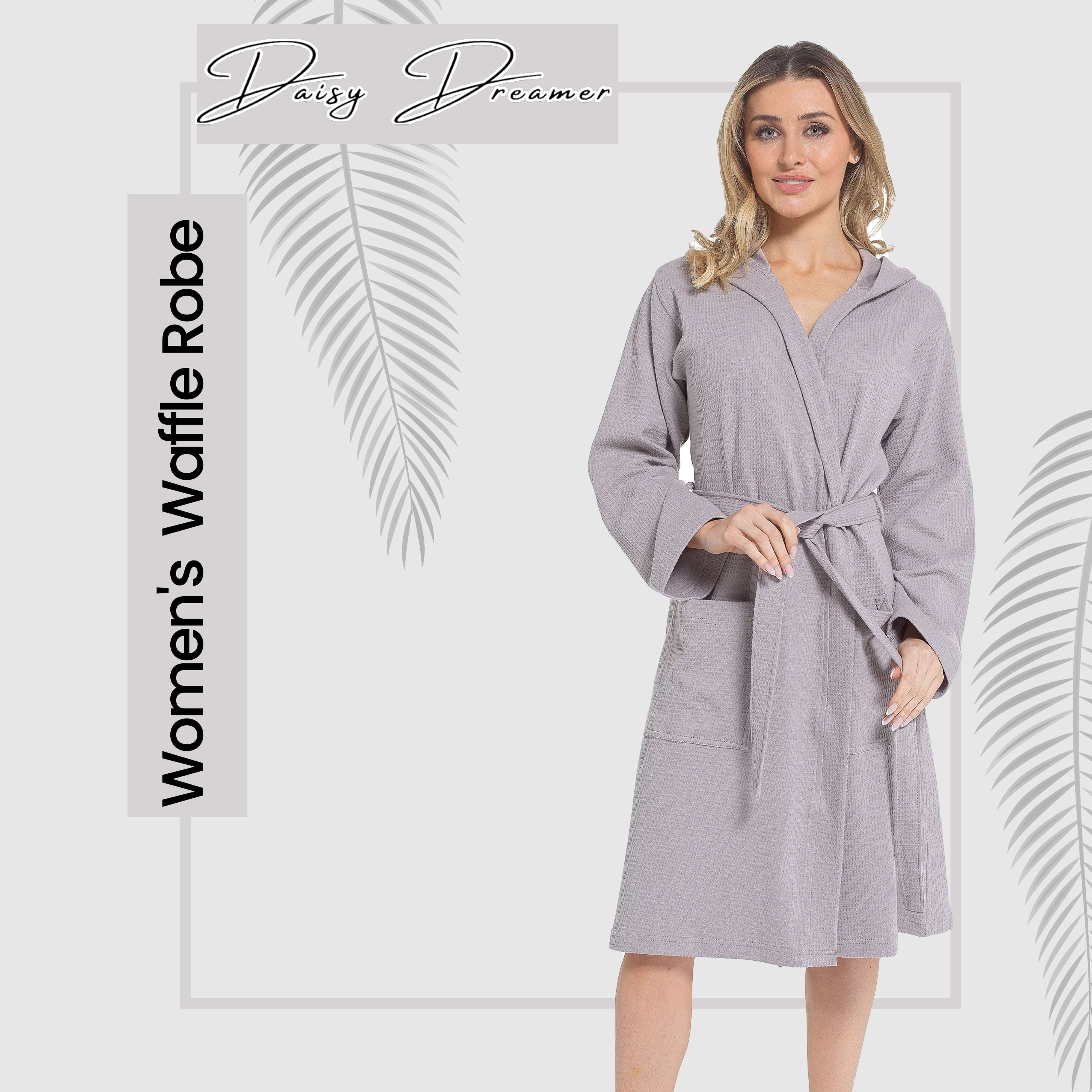 Daisy Dreamer Women's Hooded Waffle Cotton Bathrobe 100% Cotton Grey Super Absorbent