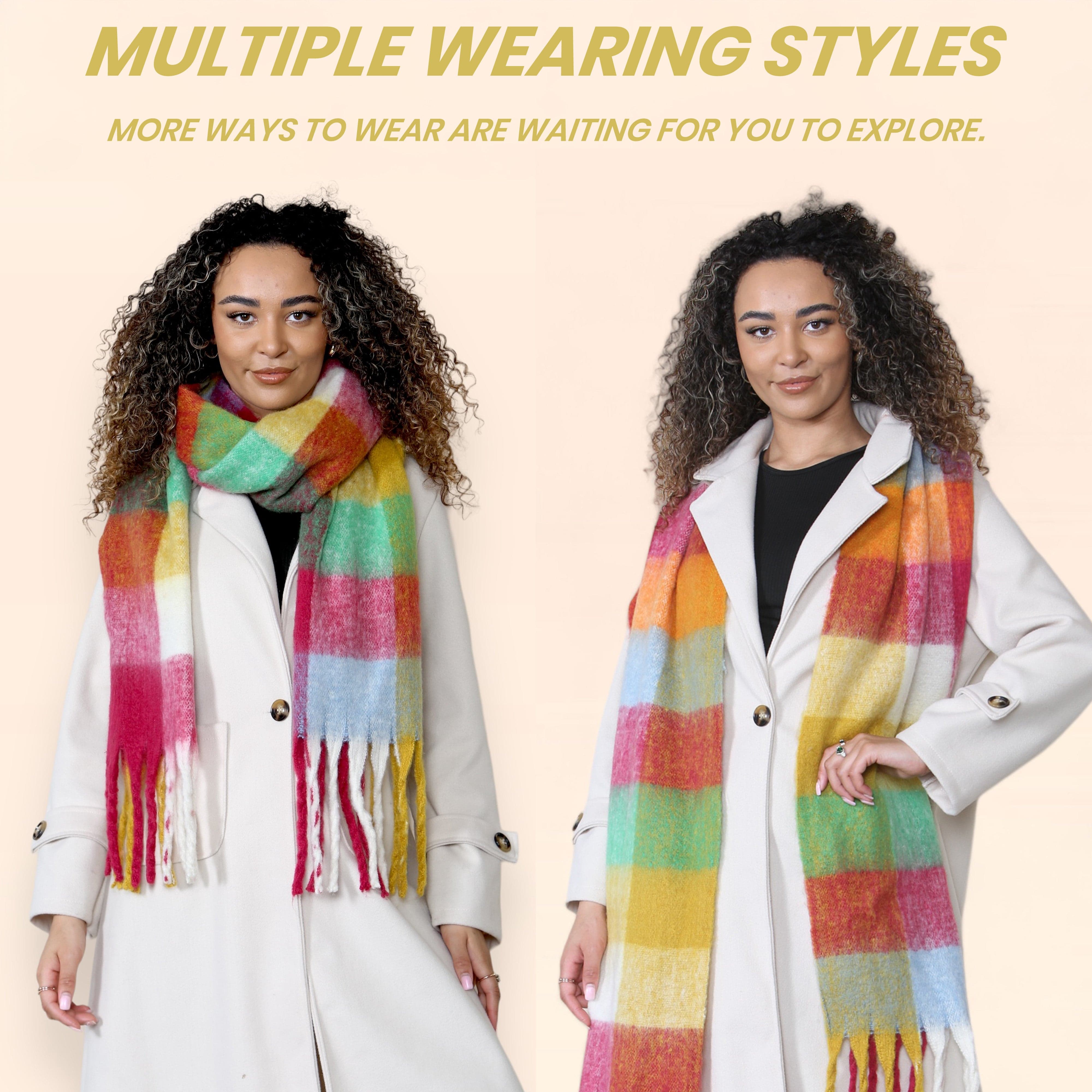 Daisy Dreamer Women’s Blanket Scarf Yellow Burgundy Chunky Knit Plaid Long Winter Wrap