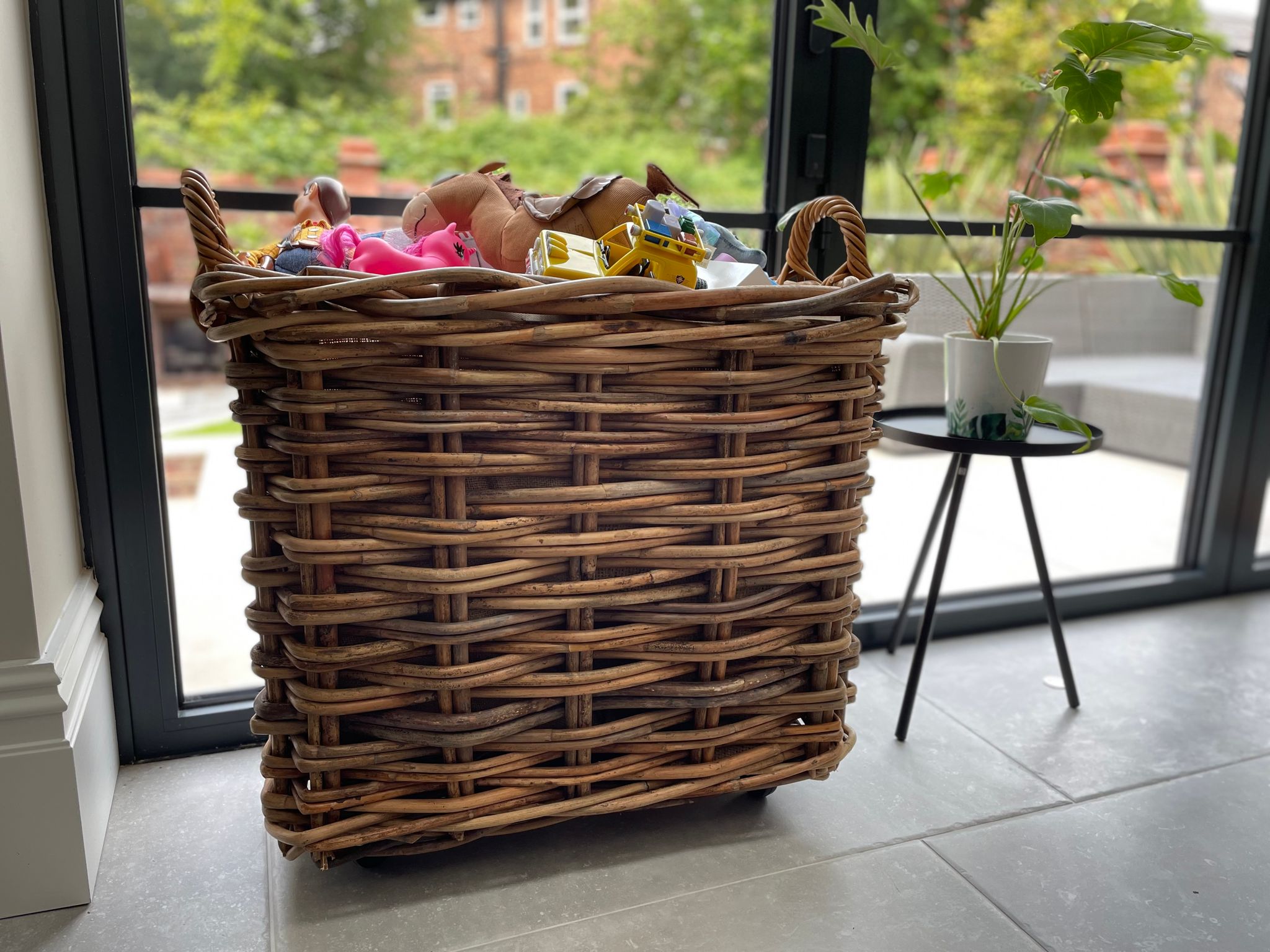 Wovenhill Bamboo Rattan Rectangle Storage Log Basket with Wheels and Hoop Handles - REGN