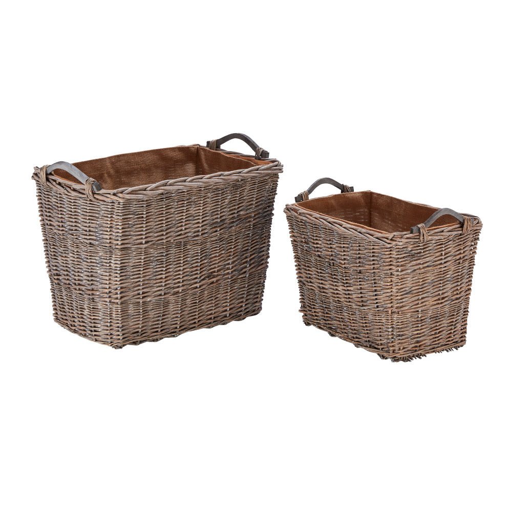 Wovenhill Grey Wash Rectangular Log Basket with Wooden Handles - REGN