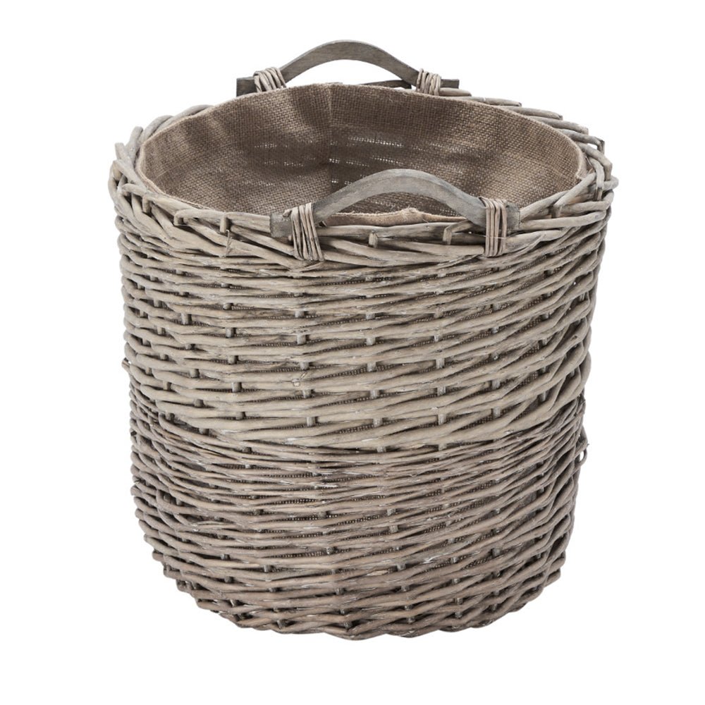 Wovenhill Oval Grey Wash Log Basket with Wooden Handles - REGN