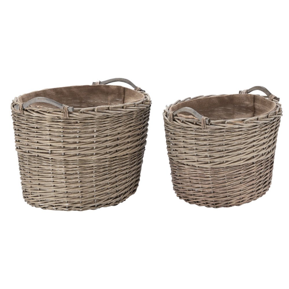 Wovenhill Oval Grey Wash Log Basket with Wooden Handles - REGN
