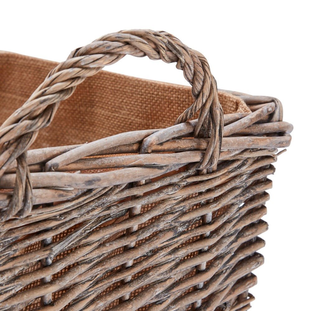 Wovenhill Wicker Grey Wash Rectangular Log Basket with Hoop Handles - REGN