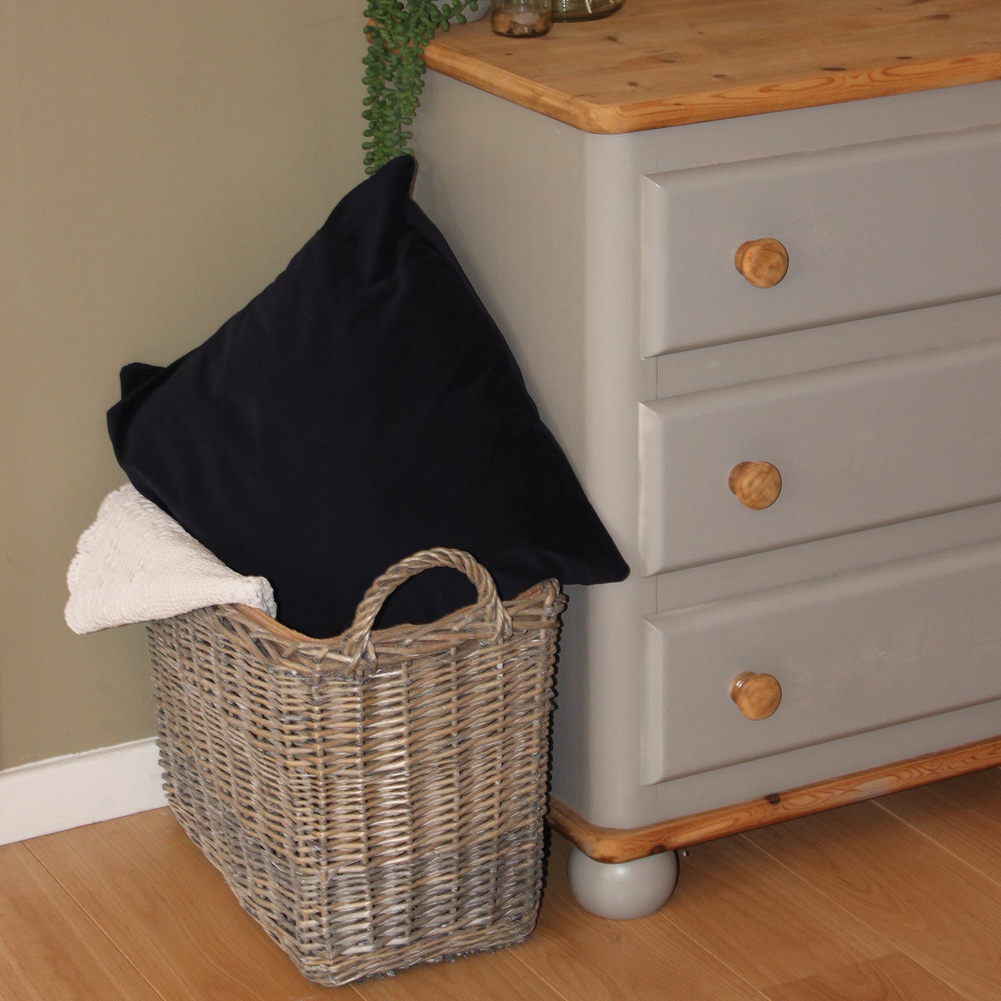 Wovenhill Wicker Grey Wash Rectangular Log Basket with Hoop Handles - REGN