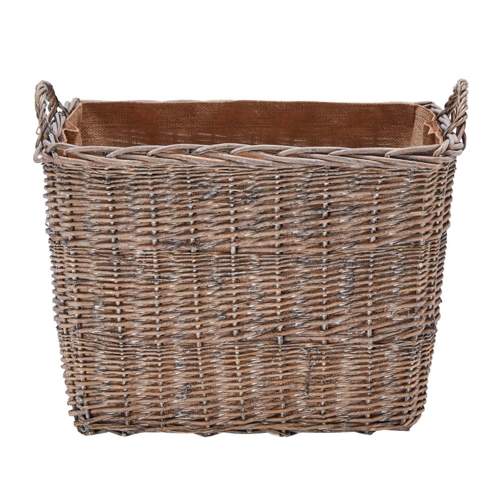 Wovenhill Wicker Grey Wash Rectangular Log Basket with Hoop Handles - REGN