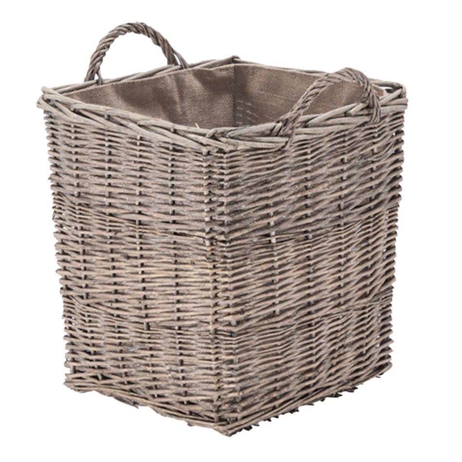 Wovenhill Wicker Grey Wash Square Log Basket with Hoop Handles - REGN
