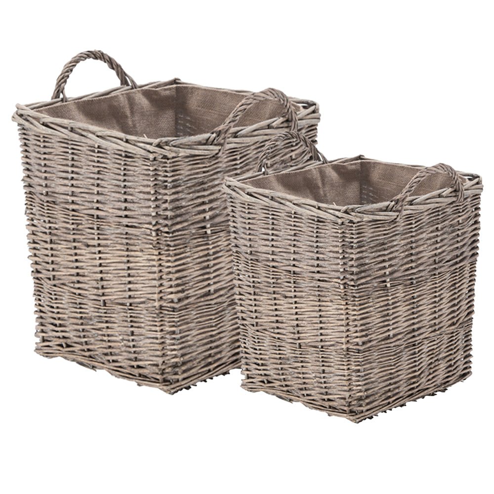 Wovenhill Wicker Grey Wash Square Log Basket with Hoop Handles - REGN