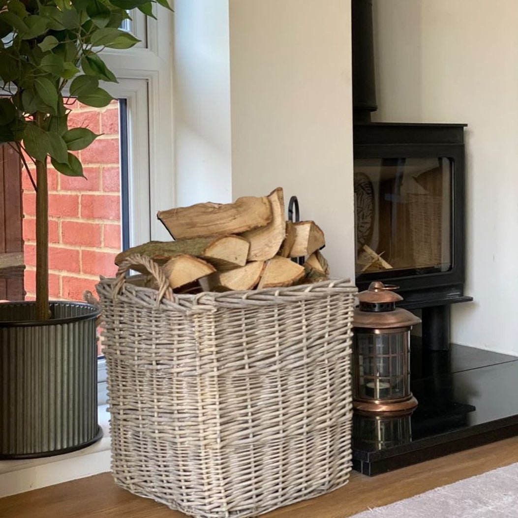 Wovenhill Wicker Grey Wash Square Log Basket with Hoop Handles - REGN