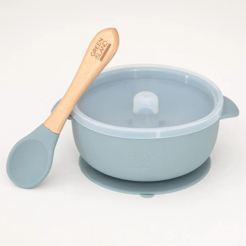 Baby Silicone suction bowl with bamboo spoon and lid in blue