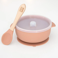 Baby Silicone suction bowl with bamboo spoon and lid in orange