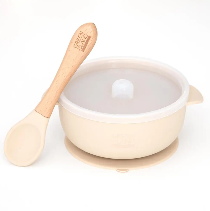 Baby Silicone suction bowl with bamboo spoon and lid in cream