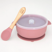Baby Silicone suction bowl with bamboo spoon and lid in mulberry