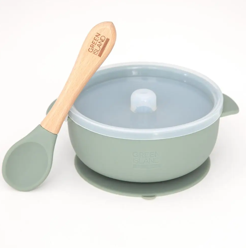 Baby Silicone suction bowl with bamboo spoon and lid in green