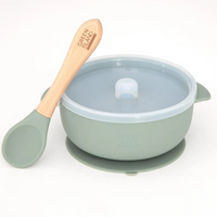 Baby Silicone suction bowl with bamboo spoon and lid in green