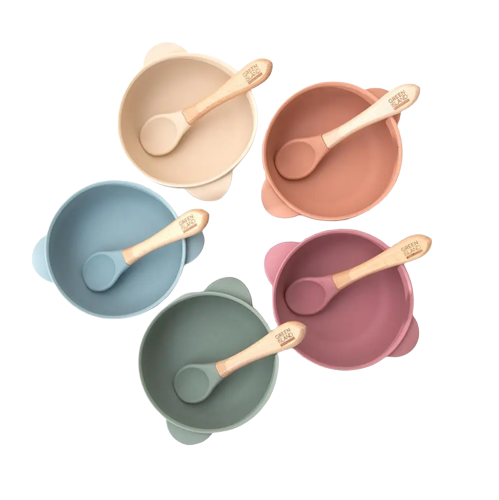 Baby Silicone suction bowl with bamboo spoon in multiple colours