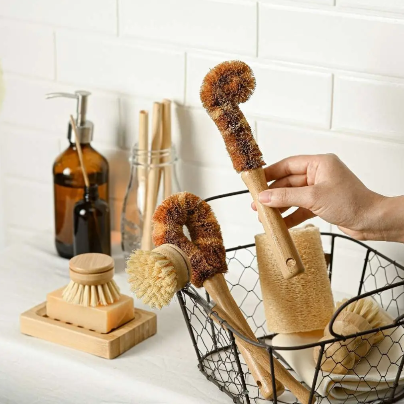 bamboo dish brushes cleaning set in basket