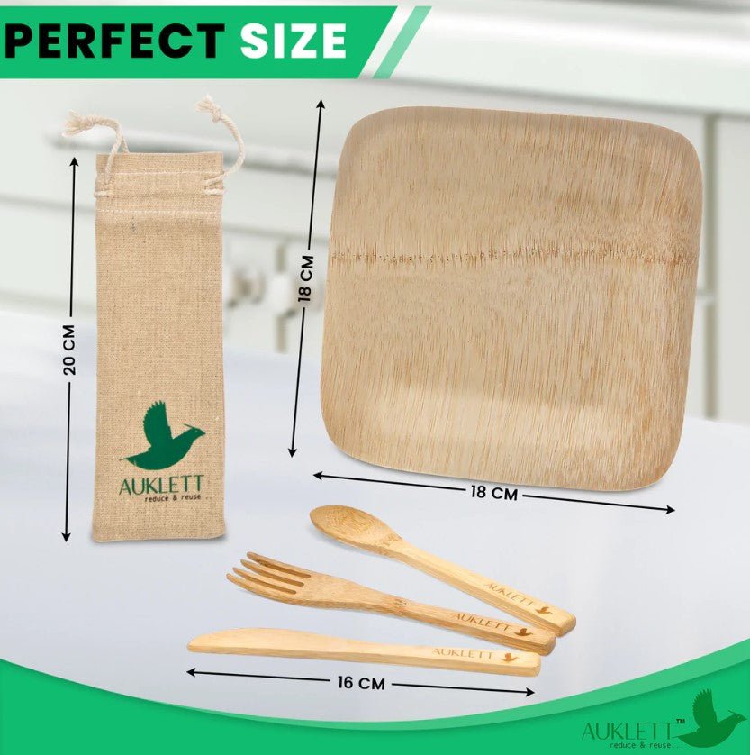 Reusable Bamboo Cutlery With Bamboo Plates And Travel Pouch - REGN