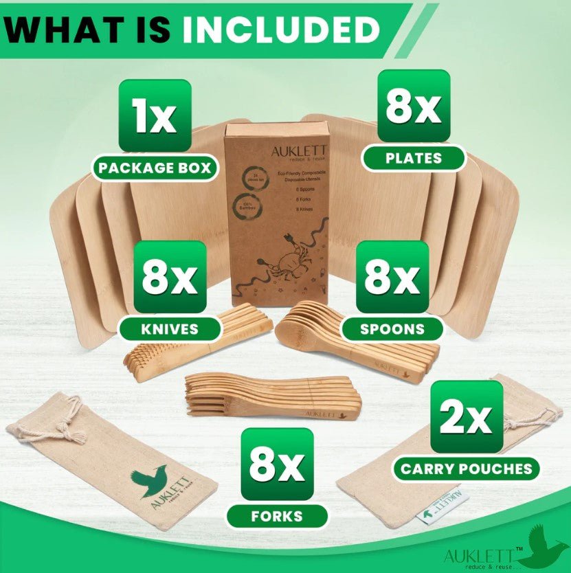 Reusable Bamboo Cutlery With Bamboo Plates And Travel Pouch - REGN
