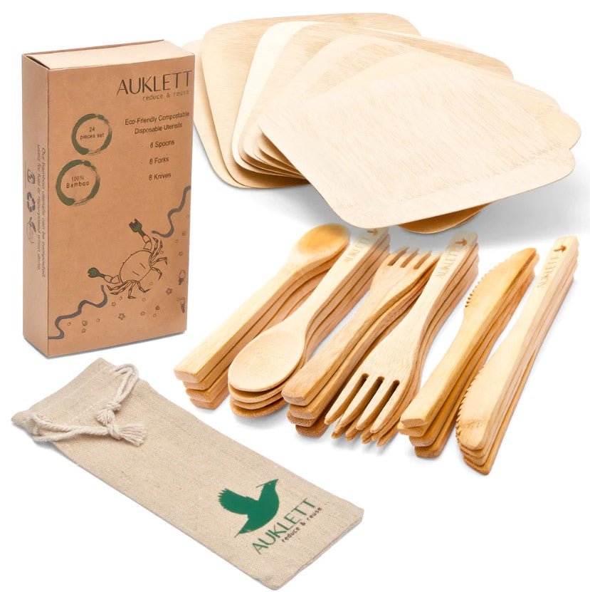 Reusable Bamboo Cutlery With Bamboo Plates And Travel Pouch - REGN