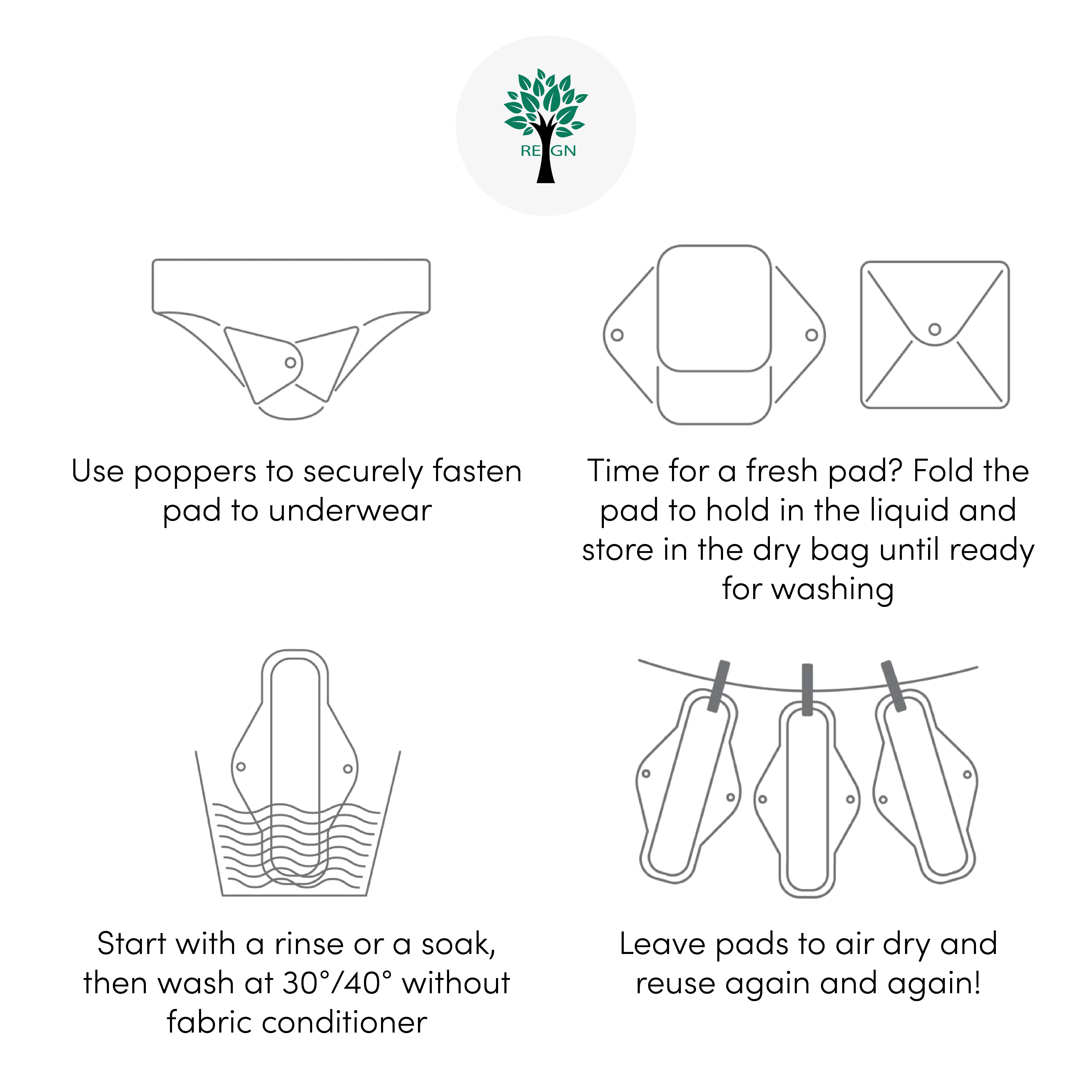 Reusable Eco Sanitary Pads - Washable & Durable Period Pads (6 Pack) - Buy One Get One Half Price! - REGN