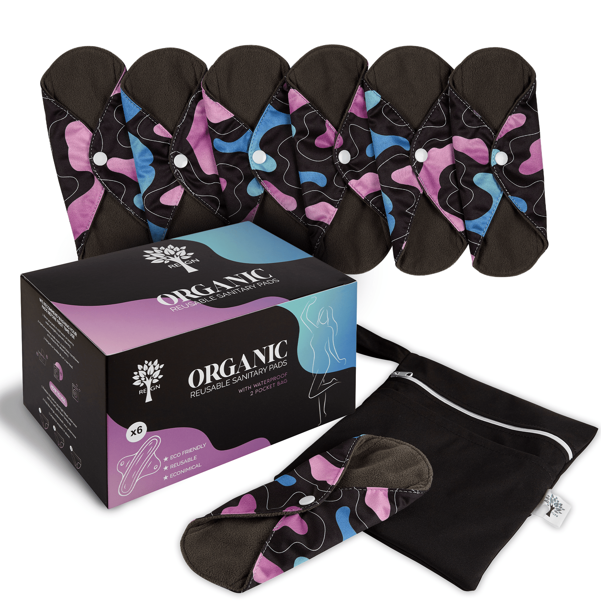Reusable Eco Sanitary Pads - Washable & Durable Period Pads (6 Pack) - Buy One Get One Half Price! - REGN